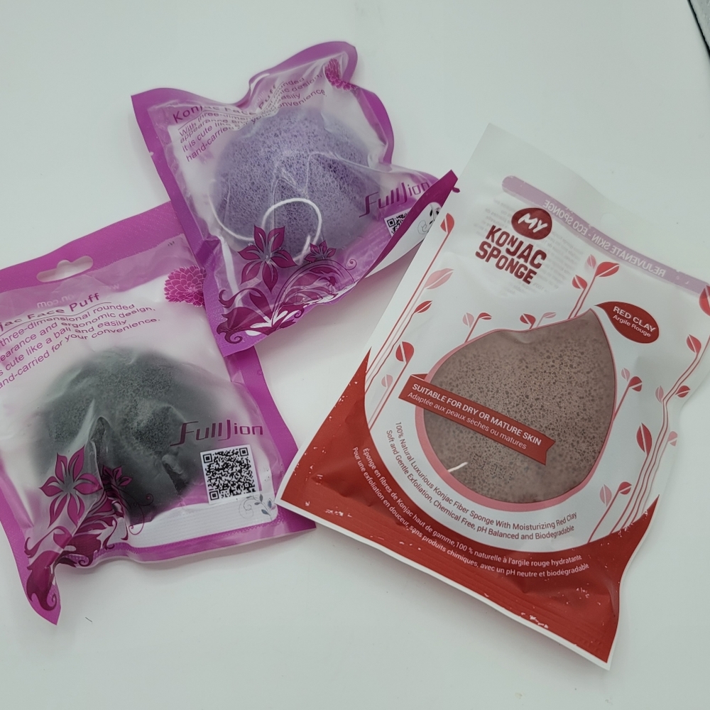 New Konjac Sponges, Face Puff, Red Clay, Black , Purple Lavender, set of 3